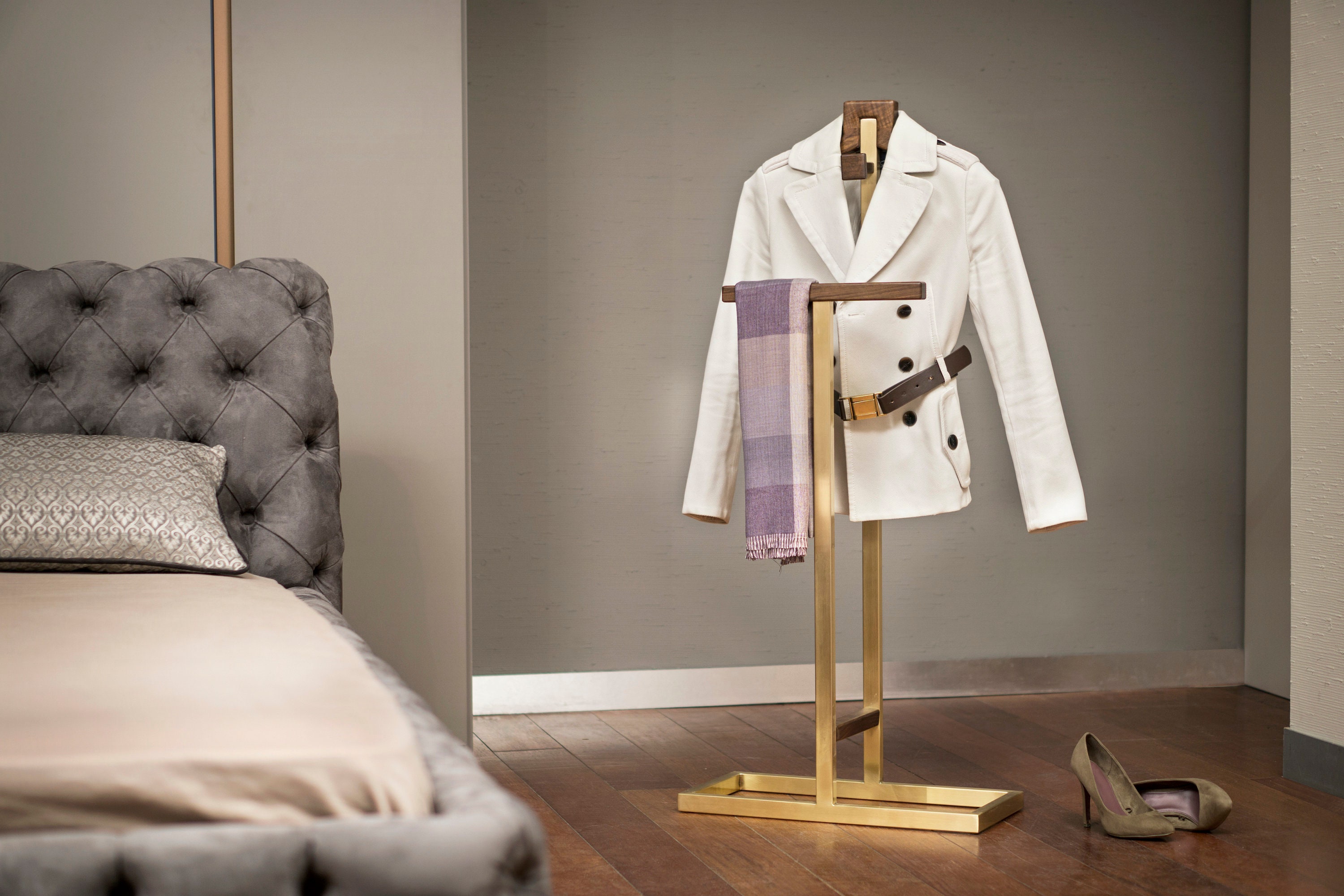 Walnut Satine Brass Valet Stand Bedroom Coat Rack Standing