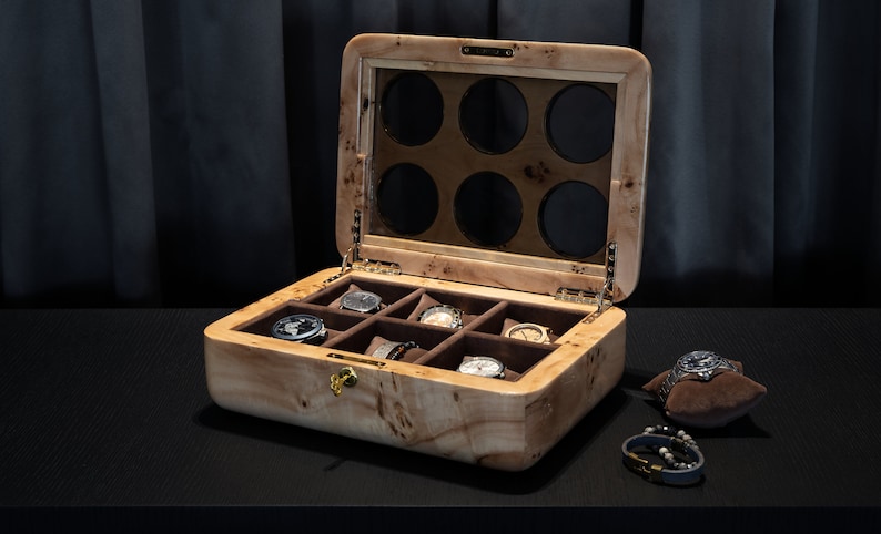 handmade luxury mapa burl watch case for 6 watch open cover