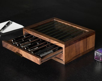 30 Pen Fountain Wood Display Case Holder Storage Collector Organizer Box 314030 