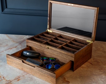 Handmade Walnut Matte  Glasses Display Case: 12-Slot Eyewear Organizer with Lock