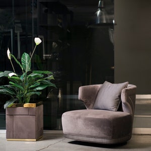 Puede incluir: Una silla giratoria de felpa gris con un cojín gris se encuentra en una habitación moderna con una planta en maceta y una pared de vidrio.