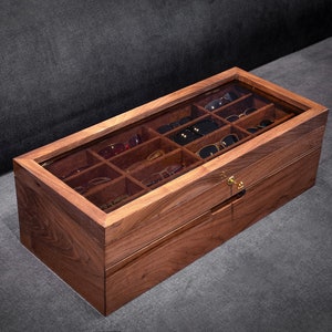 Luxury Wooden Eyeglasses Box, Handmade Walnut Eyeglass Display Case, Eyeglass Box with Drawer, Eyeglass Storage for Her, Christmas Gift idea