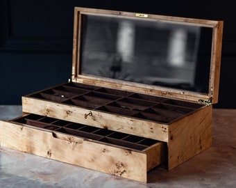 28/16 Slot Sunglasses Case with Drawer, Mapa Burl Wood Eyeglasses Display Box, Two Drawer Option, Bracelet and WatchBox, Christmas Gift idea