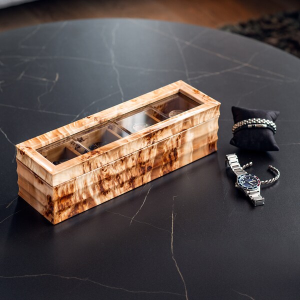 High Gloss Walnut Watch Case, Elegant Watch Holder with Glass View, Chic Timepiece Box, Handmade Massive Mappa Burl Wood Watch Box