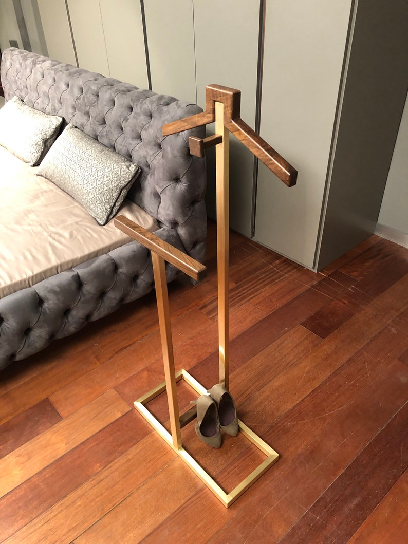 Walnut & Satine brass valet stand, bedroom Coat rack standing, Office accessory, Wooden coat hanger, housewarming gift, Valentines day gift image 5