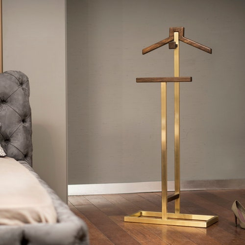 Walnut & Satin Brass Valet Stand Bedroom Coat Rack Standing Etsy UK