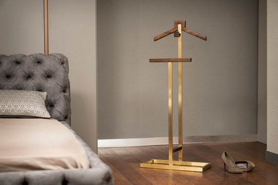 Walnut & Satine Brass Valet Stand, Bedroom Coat Rack Standing