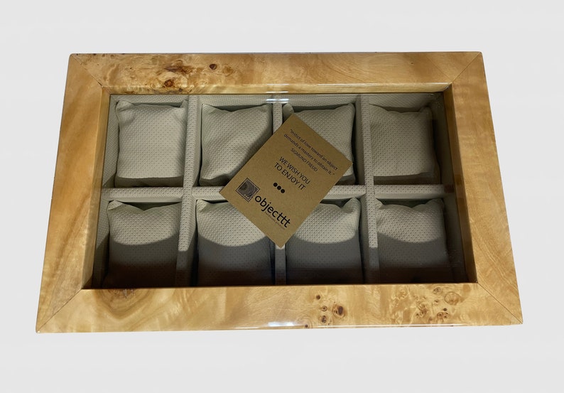top view of handmade mapa burl watchbox for 8 watch