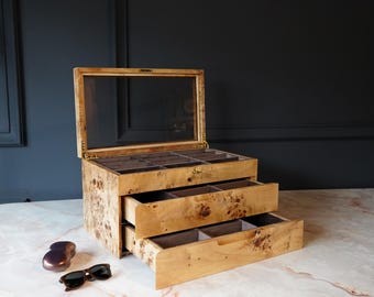 Mappa Burl Wood Eyeglass Display Case: 26 Eyeglasses Capacity Handmade 2-Drawer Organizer