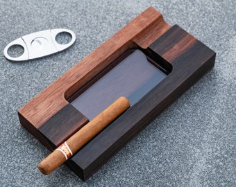 Handmade Ebony Wood Cigar Ashtray, Glass Insert, Two Cigar Holder