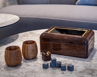 Handmade Walnut Whiskey Gift Set, 2 Wood Glasses, Stones & Cigar Rest
