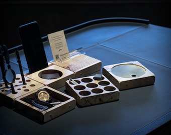 Walnut & Burl Wood Desk Organizer: Magnetic Modular Office Set