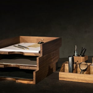 Walnut Office Desk Organizer Set: Wooden Office Accessories