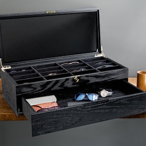 Black Oak Eyeglasses Box Open Top and Drawer Detail