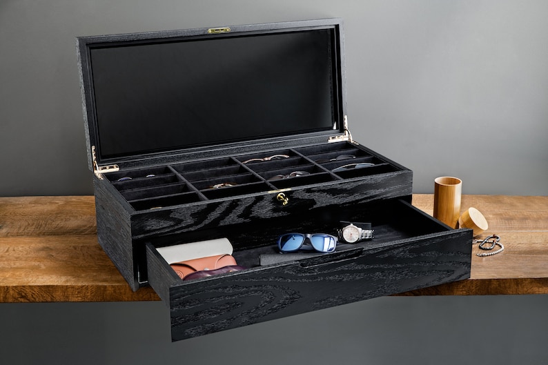 Black Oak Eyeglasses Box Open Top and Drawer Detail