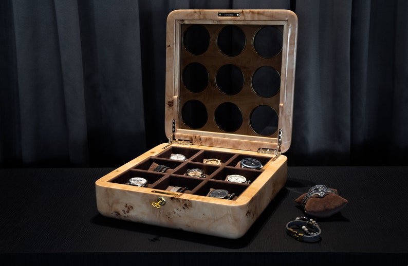 Mapa burl wooden watch case for 9 watch open top and pillow