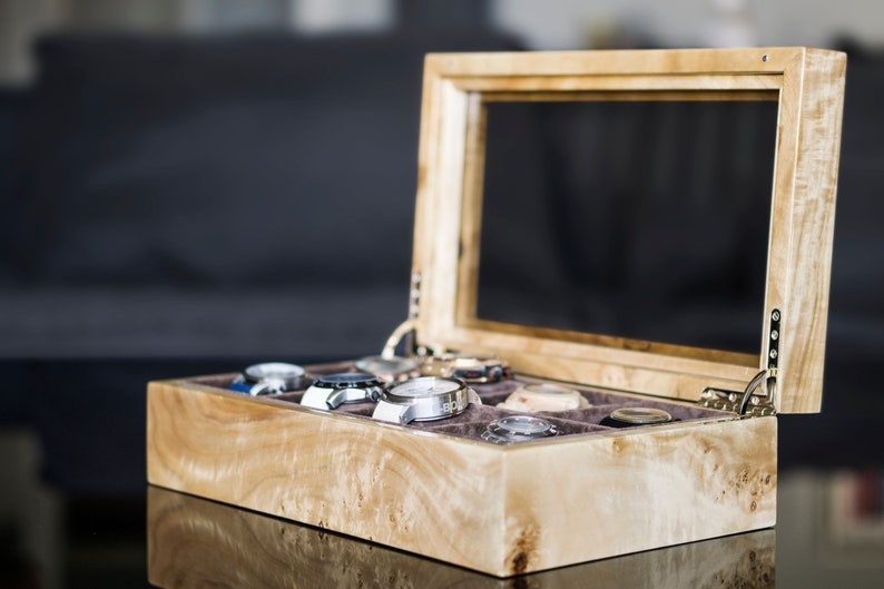 Mapa burl handmade watch box for men open top and hinge