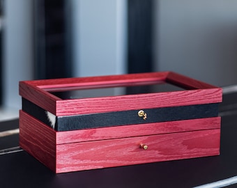 Special edition ruby red oak Watch box with glass lid and real leather, Handmade Wooden Watch Organizer with leather, Valentines day gift