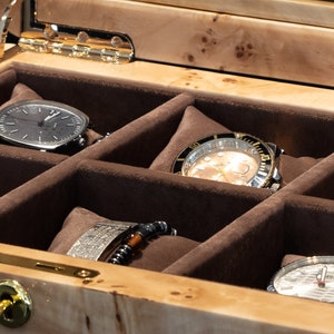 Mapa burl watch case close up fabric, hinge and lock detail