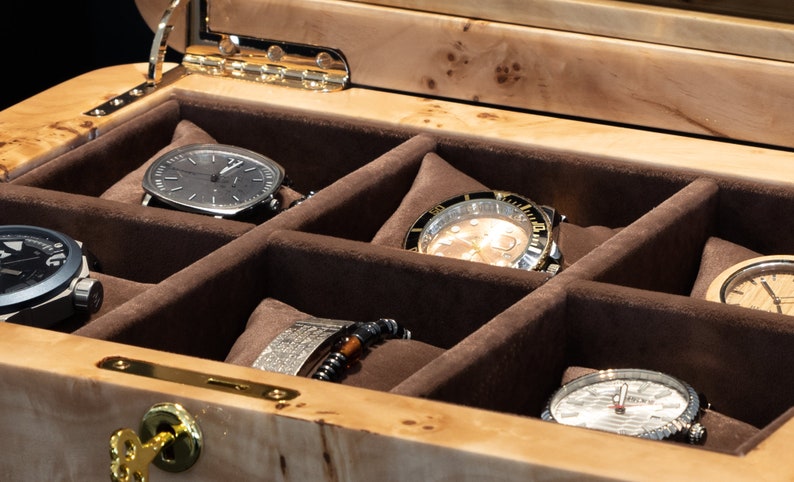 Mapa burl watch case close up fabric, hinge and lock detail