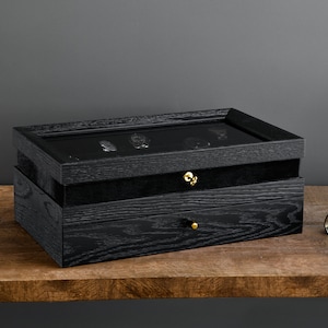frontview of black oak watchcase close drawer and cover
