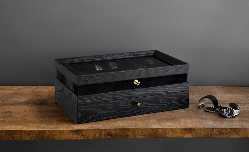 frontview of black oak watchcase close drawer and cover