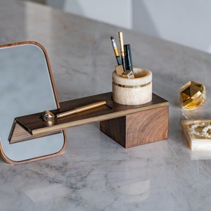 Walnut & Marble Makeup Organizer with Removable Mirror