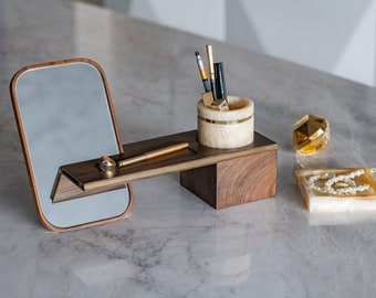 Walnut & Marble Makeup Organizer with Removable Mirror