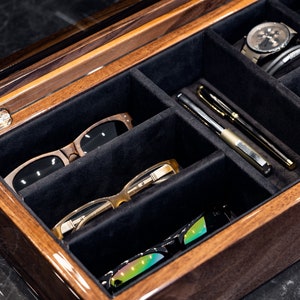 Walnut Wood Accessory Box With Multiple Compartments, Black Fabric ...