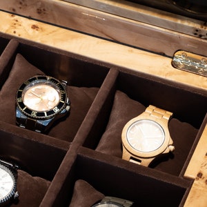 top view of mapa burl watch organizer hinge and fabric detail