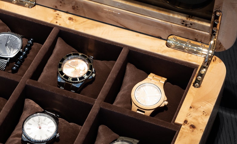 top view of mapa burl watch organizer hinge and fabric detail