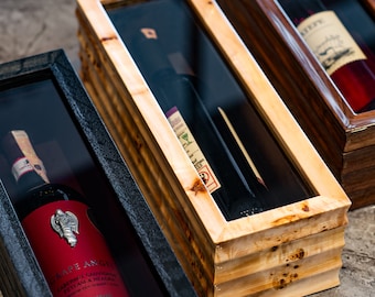 Caja de vino trío, nogal, mappa burl y roble negro con sello magnético y tapas de vidrio, regalo de pareja de compromiso, vitrina de botellas de madera