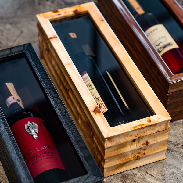 Trio Wine Box, Walnut, Mappa Burl, & Black Oak with Magnetic Seal and Glass Tops, Engagement Couple Gift, Wooden Bottle Display Case