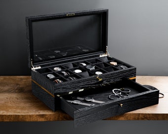 Luxury Black Oak Watch Case With Drawer, Birthday gift, Large Watch Holder, Watch Organizer, Wooden Watch Box, Christmas Gift Idea