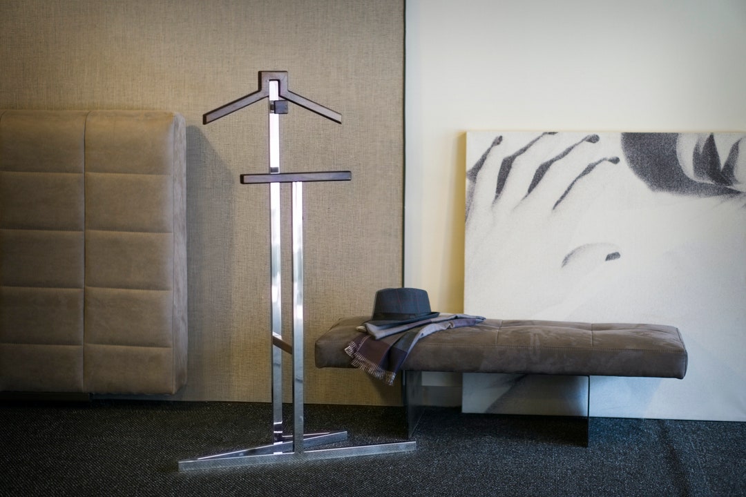 Walnut & Stainless Steel Valet Stand, Coat Rack Standing, Wooden Coat