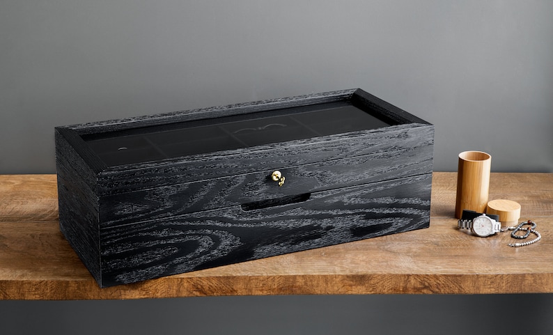 Handmade Luxury Black Oak Eyeglasses Box Perspective View