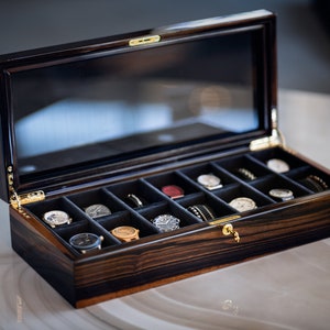 Scatola per orologi in legno di acacia ed ebano con 14 scomparti per i tuoi orologi, vetrina per orologi in legno speciale, idea regalo di Natale