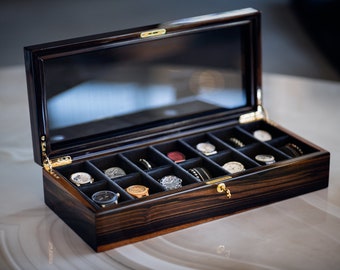 Acacia&Ebony Wood Watch Box with 14 Compartments for Your Watches, Special Woods Watch Display Case, valentines day gift