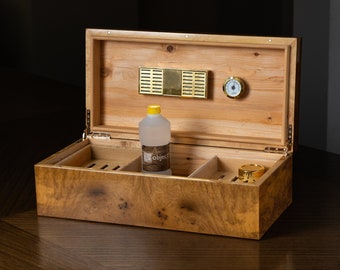 Handmade Mapa Burl Cigar Humidor, Turkish Cedar Wood, 70 Robusto Capacity