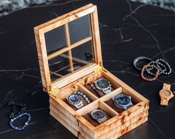 Glossy Mappa Burl Watch Box for Men, Luxurious, Handcrafted Bracelet Display,4 Divider Slots Wooden Jewelry Display Organizer