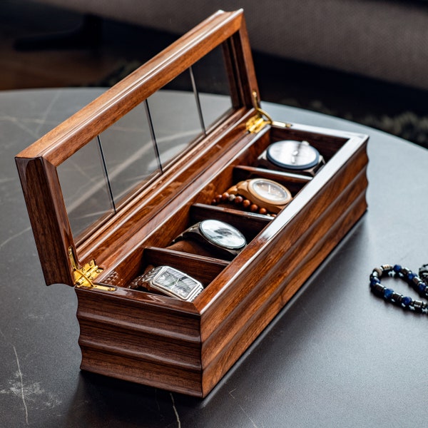 Walnut Watch Box with Glass Top, Handmade Display Case, Luxury Watch Storage, Elegant Watch Holder with Glass View, Massive Walnut Wood