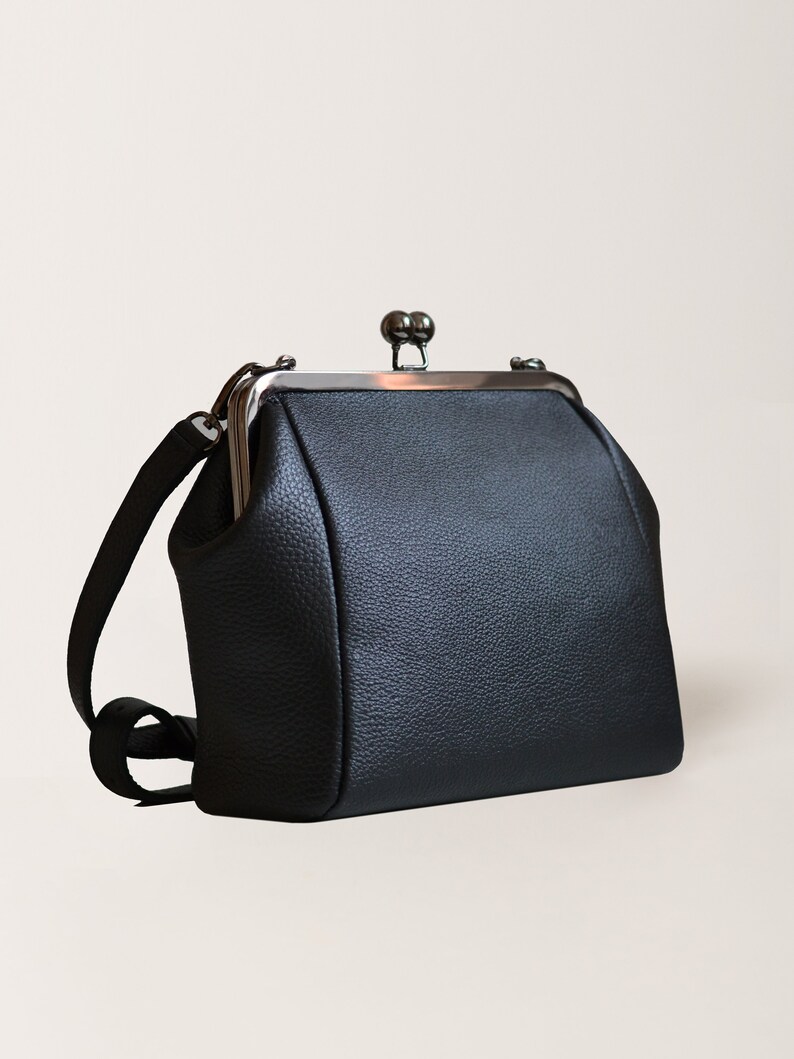 Small black leather kiss lock metal frame crossbody bag | Etsy