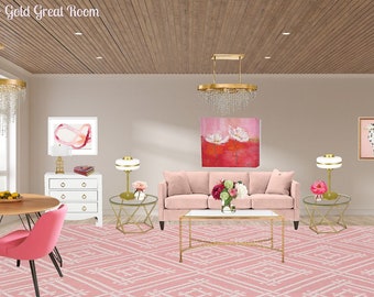 Pink & Gold Great Room|Living Room Design|Interior Design