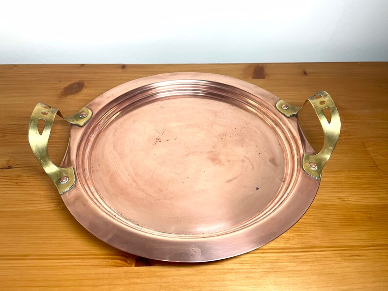 Swedish Vintage Round Copper Tray With Brass Handles Etsy