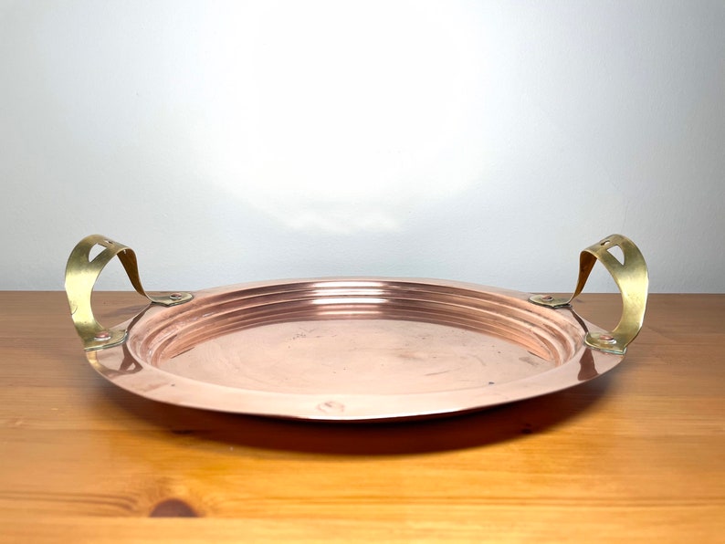 Swedish Vintage Round Copper Tray With Brass Handles Etsy