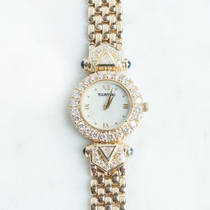 Vintage Ladies 14kt Yellow Gold Tourneau Diamond and Sapphire Wrist Watch