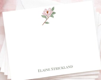 Personalized Watercolor Magnolia Stationery Set, Custom Name Cards with Envelopes