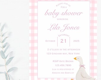 Pink Gingham Goose Baby Shower Invitation I Personalized (5x7 PDF)