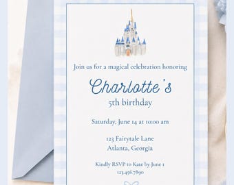 Princess Castle Birthday Invitation I Personalized Watercolor Fairytale Party Invite I Blue Gingham Digital Invitation