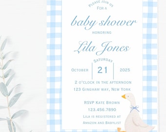 Blue Gingham Goose Baby Shower Invitation I Personalized (5x7 PDF)